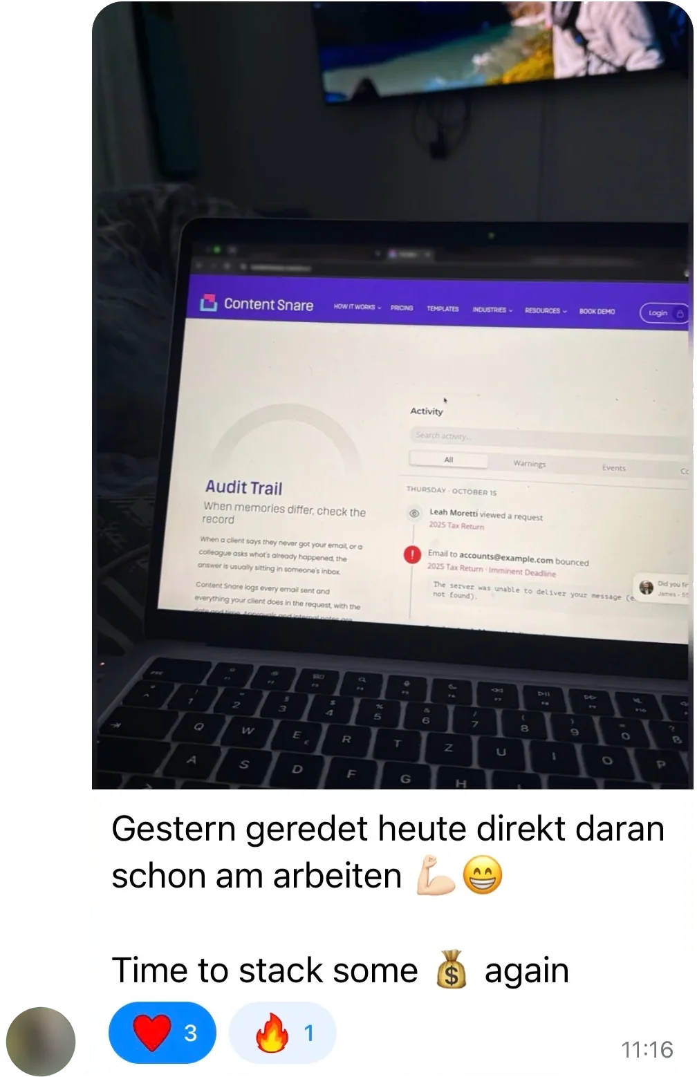 Telegram-Nachricht aus der Community mit Foto eines Laptops: „Gestern geredet heute direkt daran schon am arbeiten. Time to stack some 💰 again“